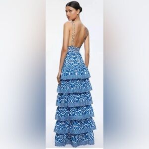 Caroline Constas Blue Cotton Tribal  Print Spaghetti Straps Tiered Maxi Dress